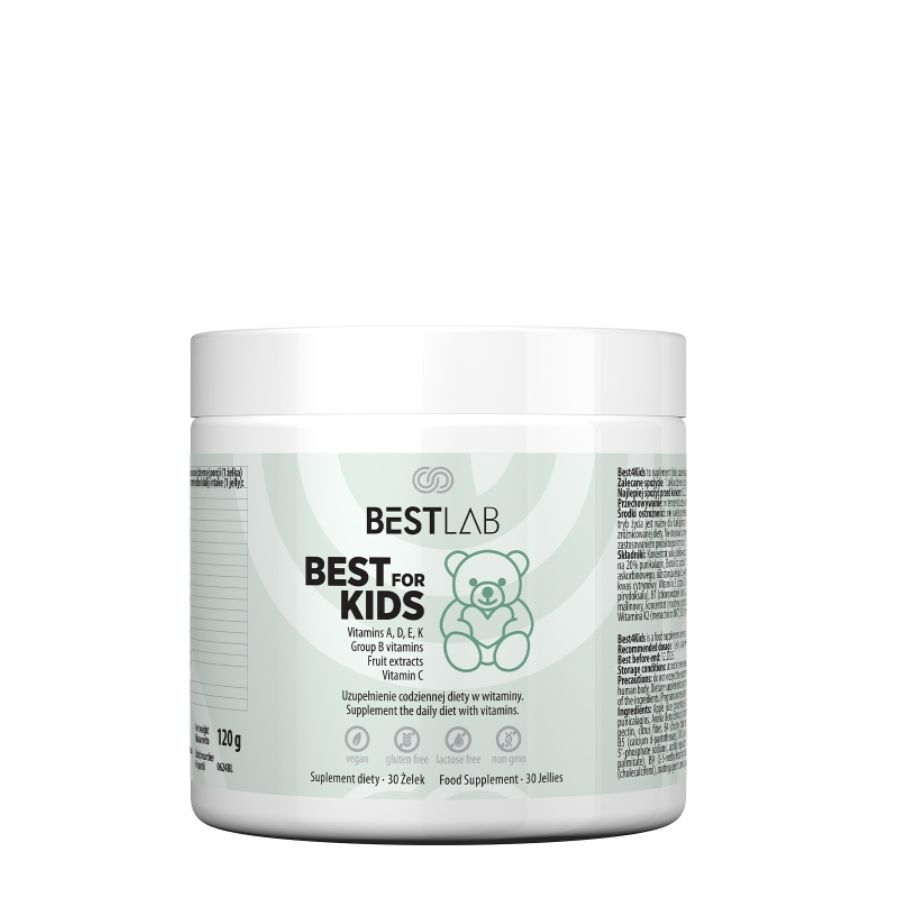 Weiße Dose mit Aufschrift BEST LAB BEST FOR KIDS. Enthält Vitamine A, D, E, K, B-Gruppe und Vitamin C. 120g, 30 Gelees.