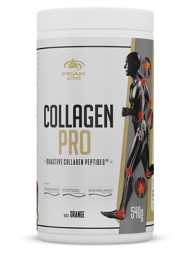 Weißes PEAK Collagen Pro-Behälter mit schwarzer Schrift und Illustration eines Läufers. Orangefarbener Geschmack. 540g.