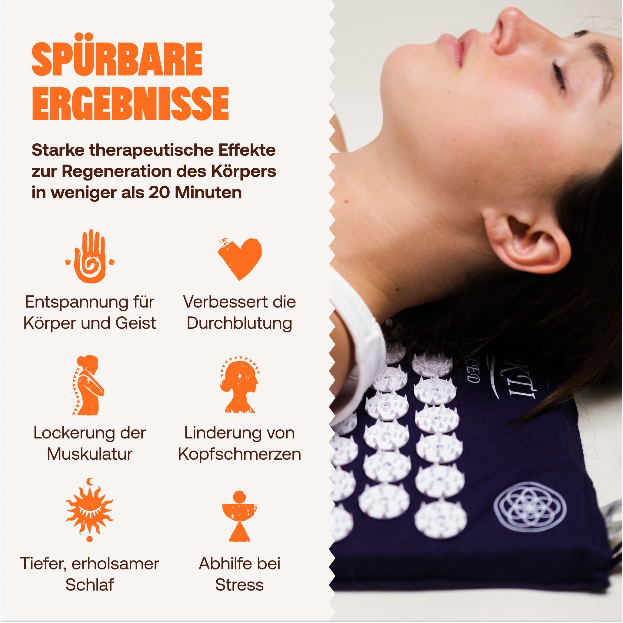 Frau liegt auf einer blauen Akupressurmatte, Text über Ergebnisse.