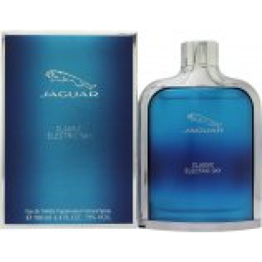 Blauer Flakon und Schachtel. Aufschrift: JAGUAR, CLASSIC ELECTRIC SKY. Logo: springender Jaguar. Schachtel mit Text.