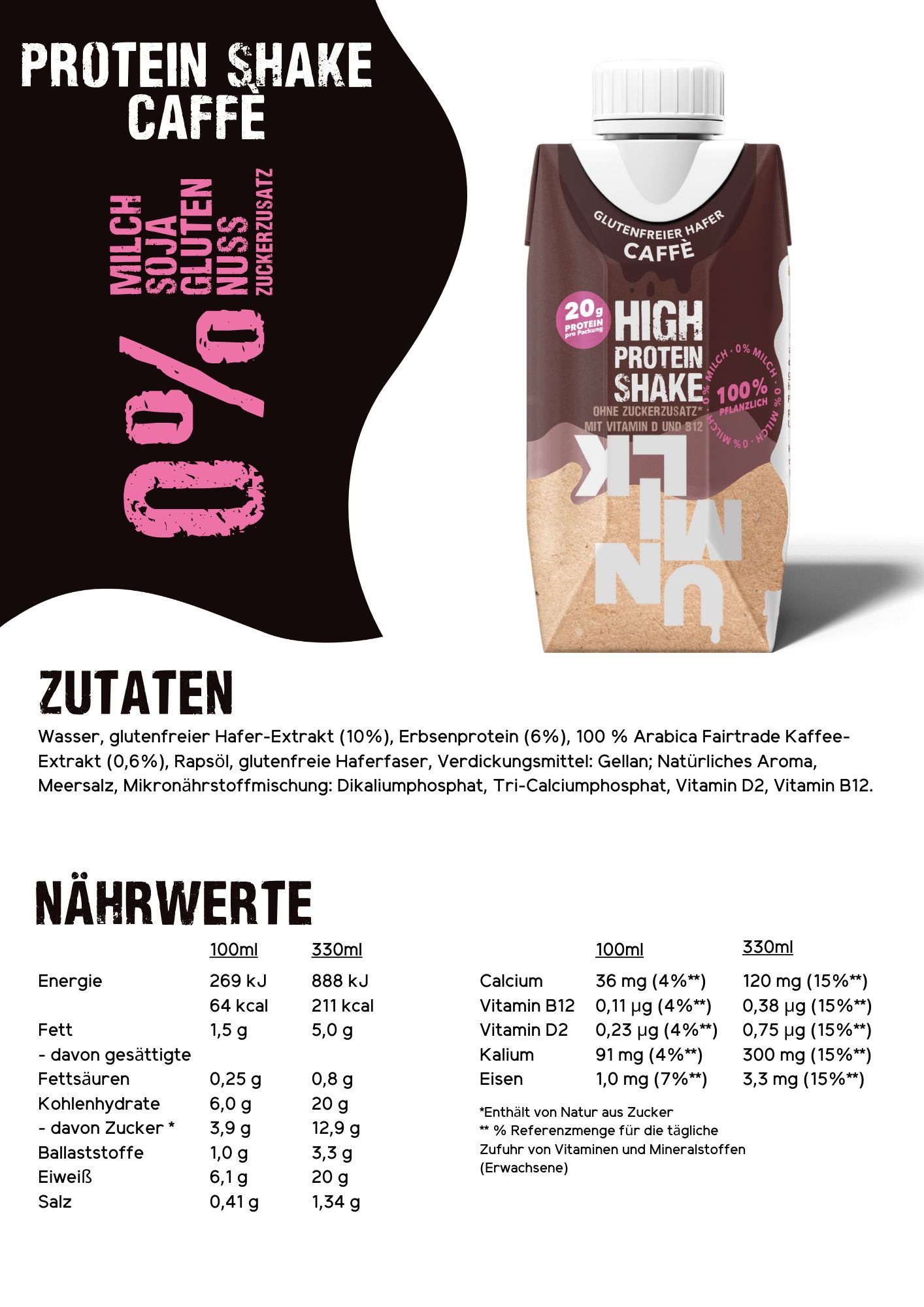 Zutaten- und Nährwertangaben für UNMILK High Protein Shake Eiskaffee. Angaben pro 100ml und 330ml.