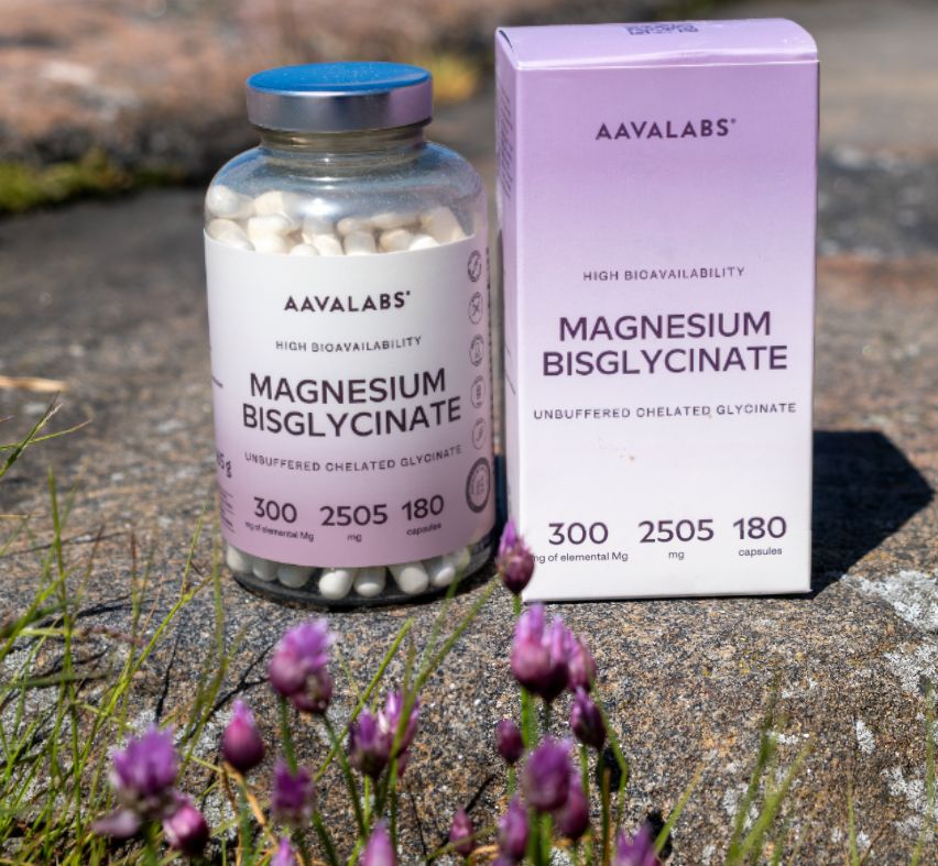 Aavalabs Magnesium Bisglycinat Flasche und Karton im Freien. 180 Kapseln.