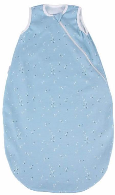 Blauer Schlafsack mit weißen Punkten und Reißverschluss. Weißer Kragen und Saum. Baby-Schlafsack.