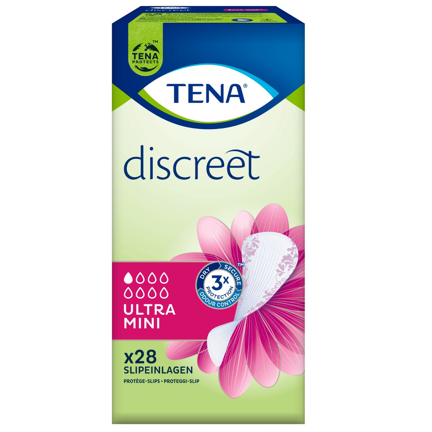 Verpackung von TENA Discreet Ultra Mini Slipeinlagen. Enthält 28 Stück. Mit Logo, Produktnamen und floralem Design.
