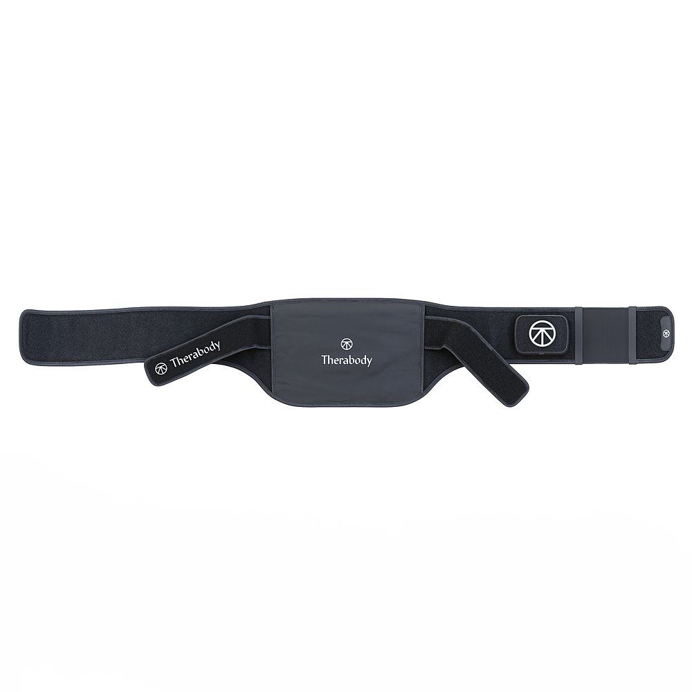 Schwarzer Therabody Massagegurt mit Klettverschlüssen und Therabody-Logo. Ansicht von oben.