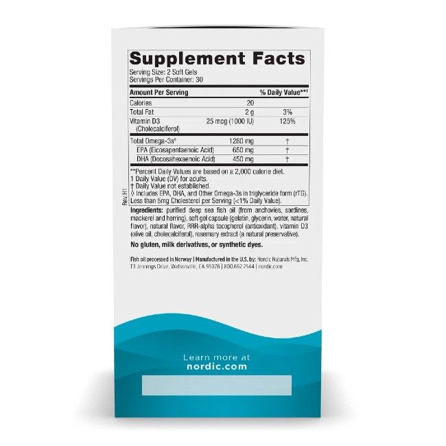 Rückseite der Nordic Naturals Ultimate Omega-D3 Verpackung mit Nährwertangaben und Inhaltsstoffen.