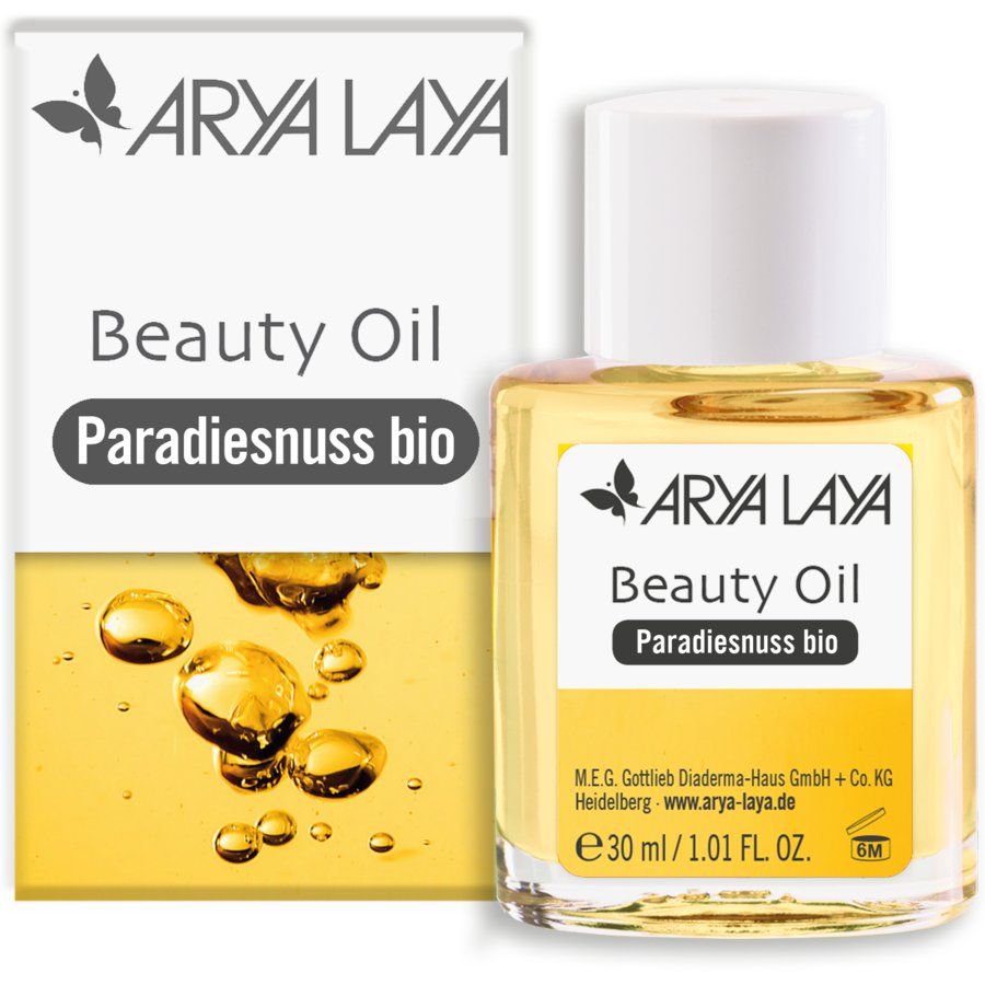 Ölflasche mit weißem Deckel und Etikett. Aufschrift: ARYA LAYA, Beauty Oil, Paradiesnuss bio. 30 ml.