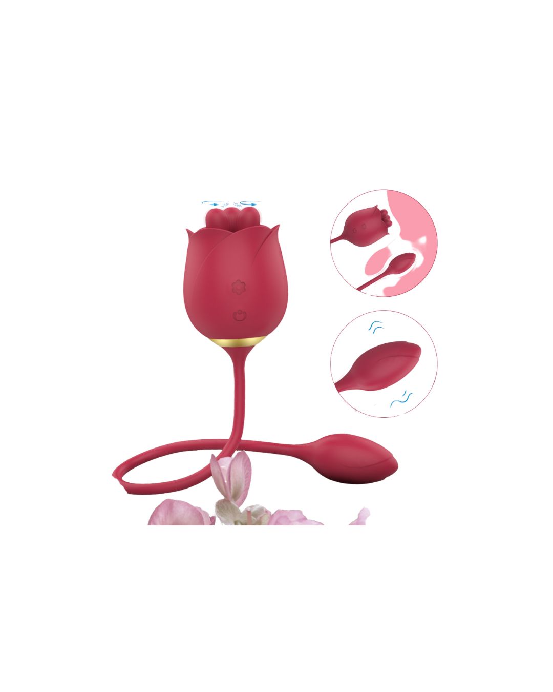Rotes, rosenförmiges Produkt mit einem länglichen Teil. Zwei Illustrationen zeigen die Anwendung. Blütenblätter liegen daneben.