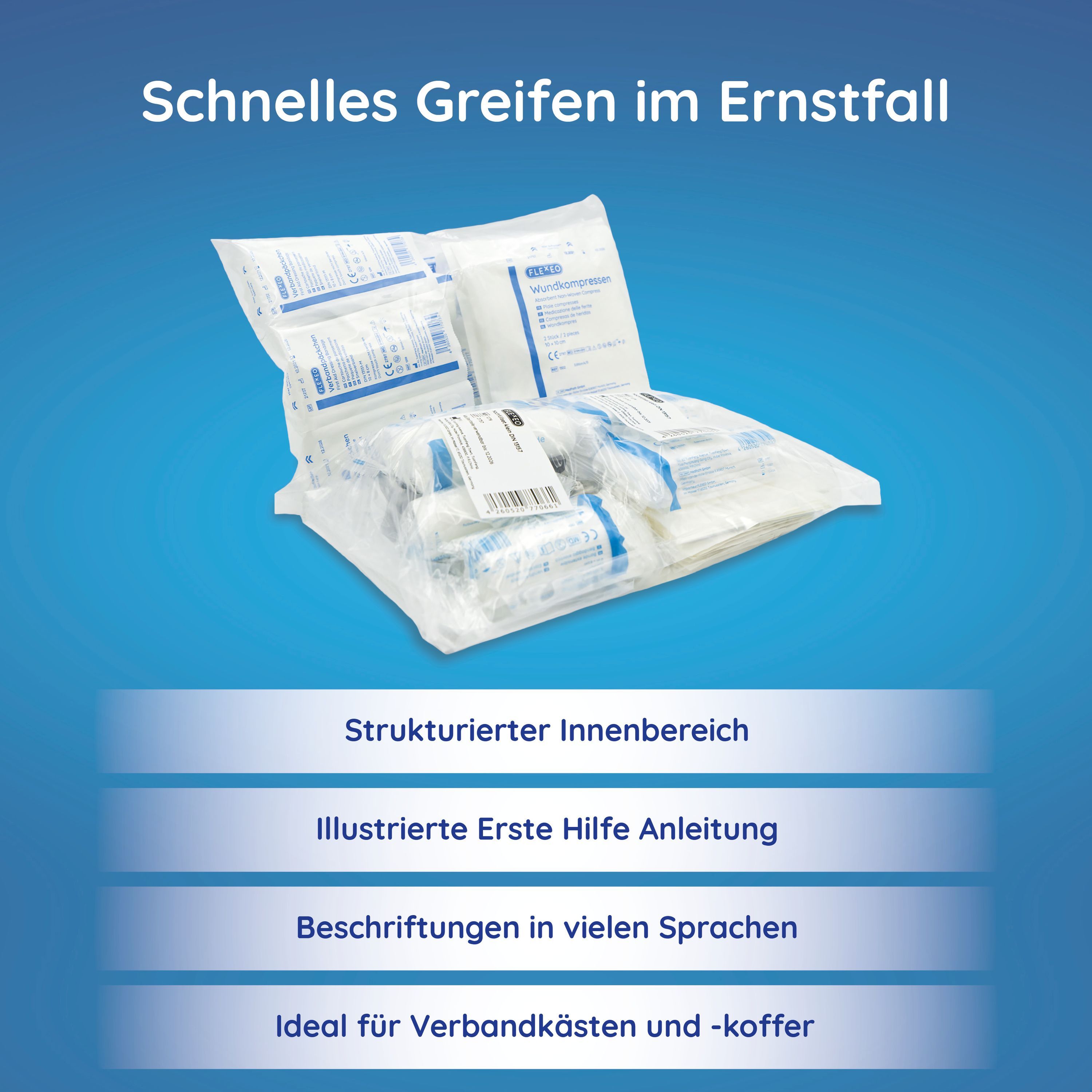 Nachfüllset in Folienverpackung. Enthält verschiedene sterile Verbandsmaterialien. Aufschrift: Erste Hilfe Anleitung.