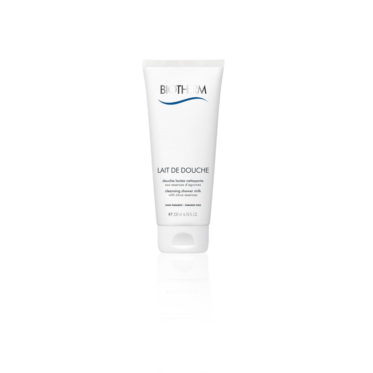 BIOTHERM Lait de Douche Tube. Text: Douche lactée nettoyante, Cleansing shower milk. 200ml. Weißer Hintergrund.