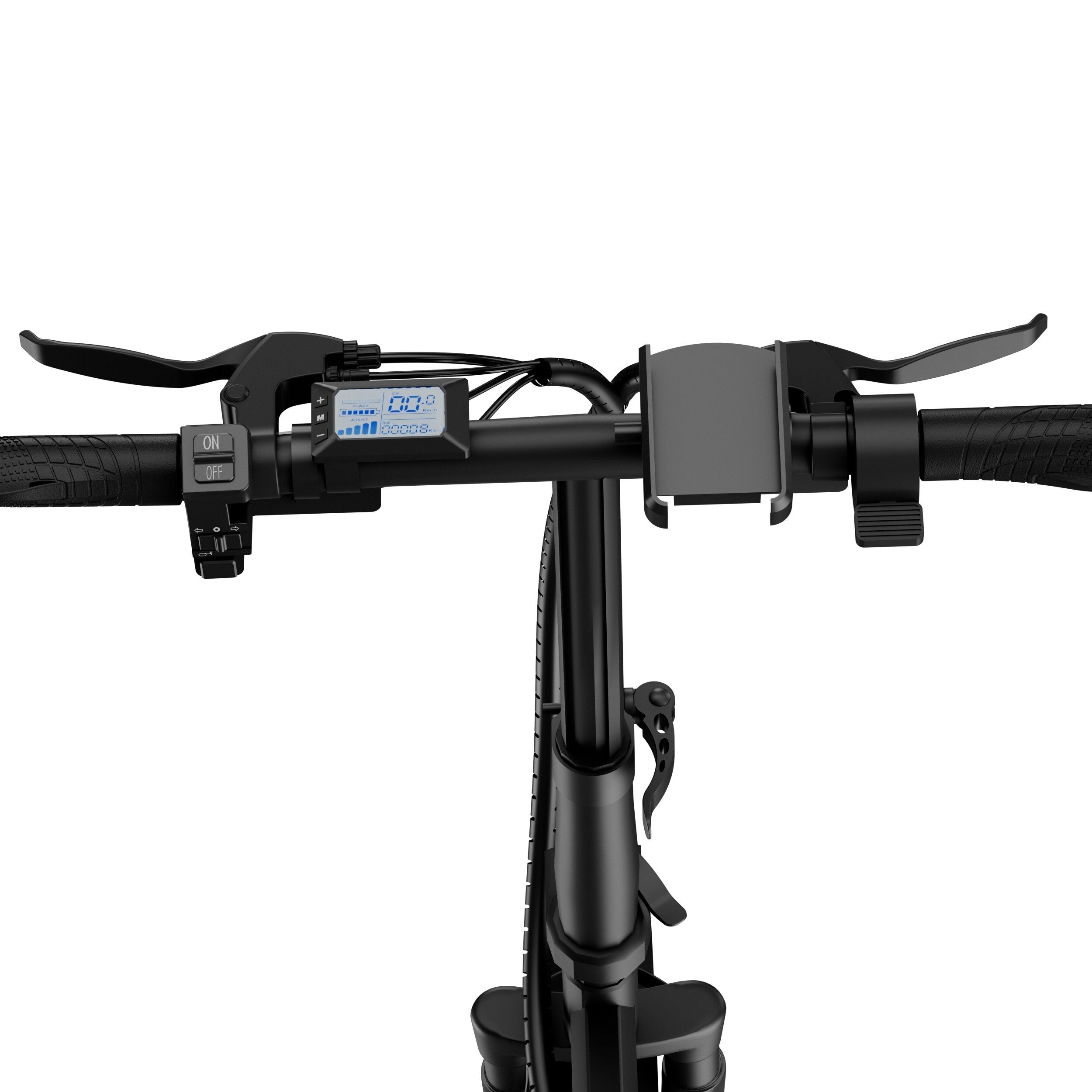 Nahaufnahme des Lenkers eines schwarzen E-Bikes. Sichtbar: Display, Bremshebel, Griffe. Marke: Ruitoo.