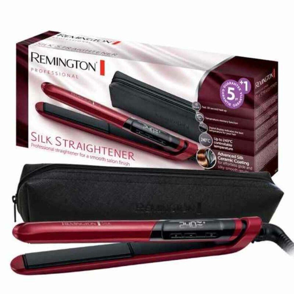 Verpackung mit Glätteisen, Etui und Zubehör. Marke Remington Silk Straightener.