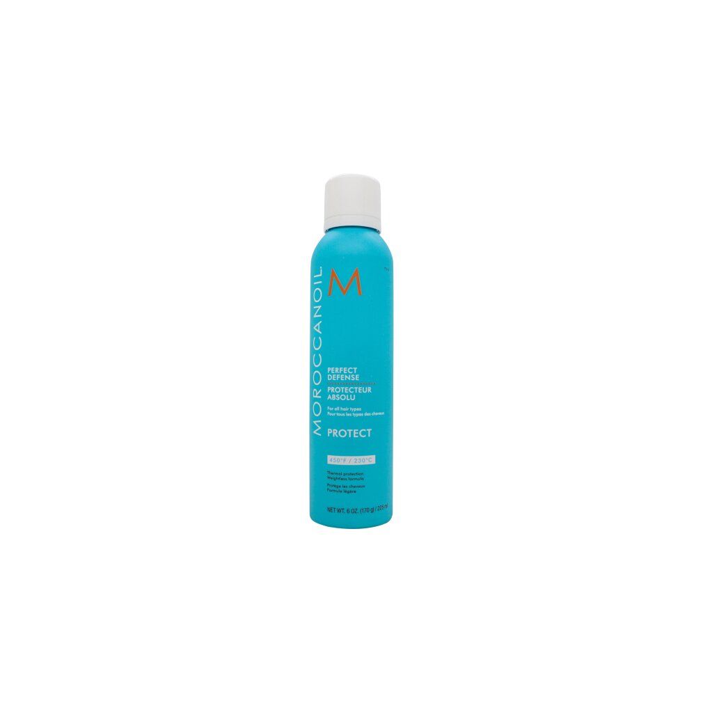 Türkisfarbene Sprühflasche mit weißem Deckel. Aufschrift: Moroccanoil, Perfect Defense, Protect. Temperaturangabe.