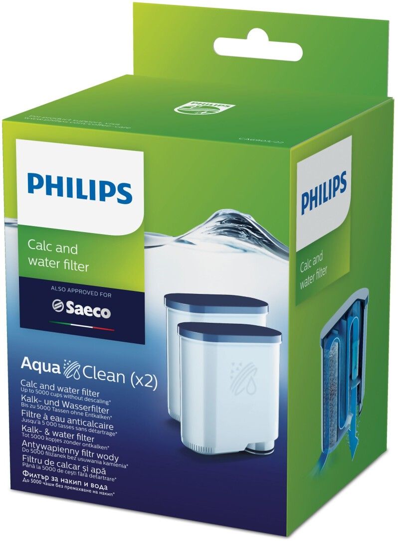 Zwei blaue Wasserfilter und eine grüne Verpackung. Auf der Verpackung steht Philips, Aqua Clean und Saeco. Filter für Kalk und Wasser.