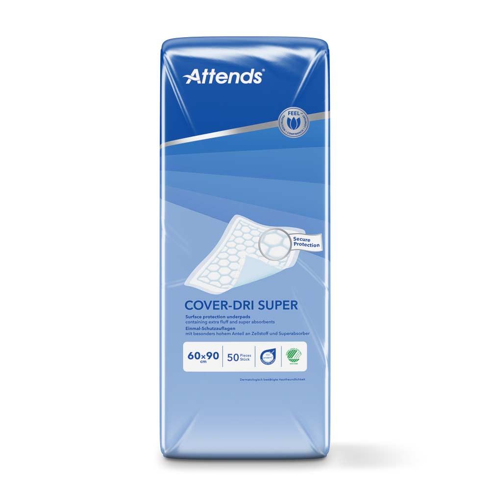 Verpackung Attends Cover-Dri Super. Blaue Verpackung mit Produktabbildung und Text. Größe 60x90 cm. Mit Zertifizierungen.