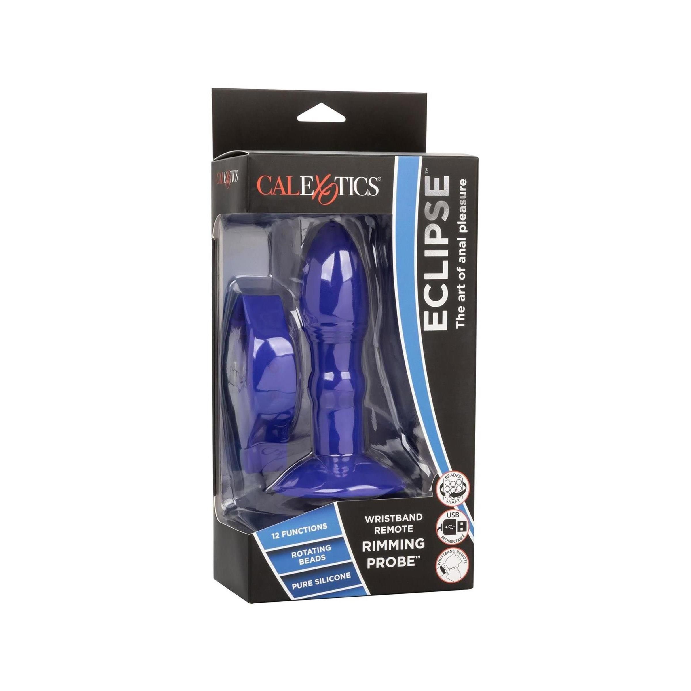 Blauer Anal-Stimulator mit Armband-Fernbedienung in Verpackung. Marke CalExotics. Text: Eclipse, Wristband Remote Rimming Probe.