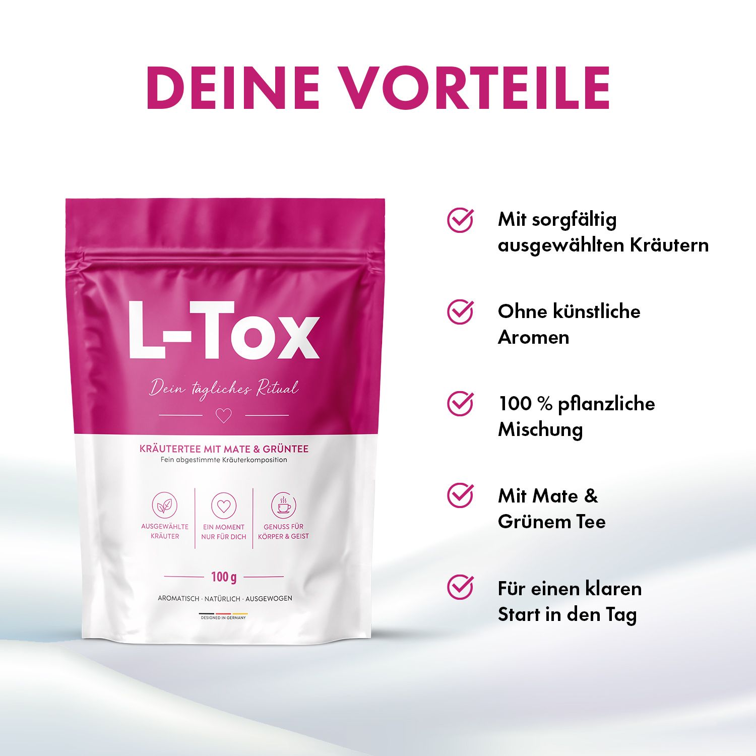 L-Tox Kräutertee Beutel mit Vorteilen wie 100% pflanzliche Mischung und Mate & Grünem Tee.