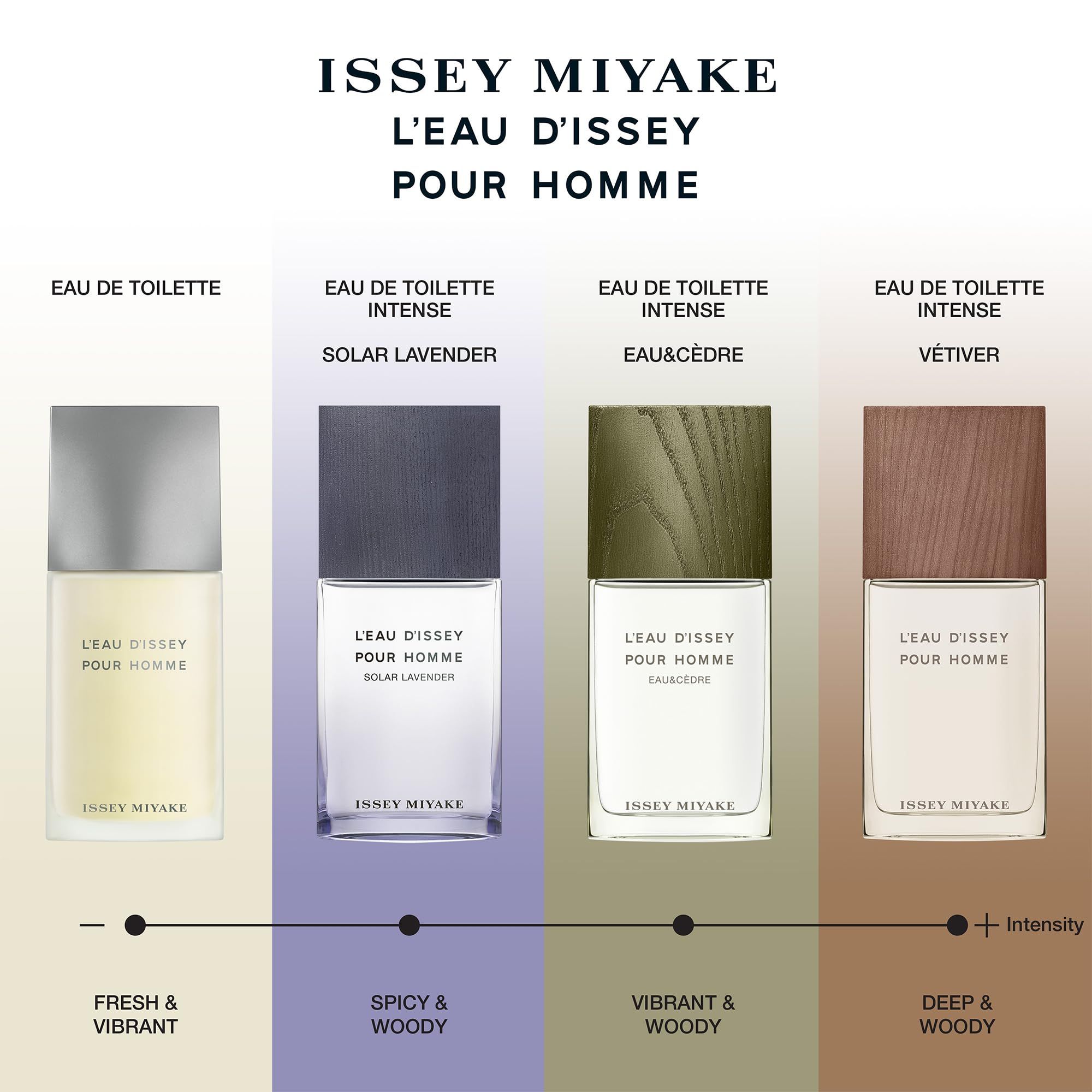 Vier Flakons, darunter Solar Lavender. Aufschrift: L'EAU D'ISSEY POUR HOMME. Verschiedene Düfte und Intensitäten.