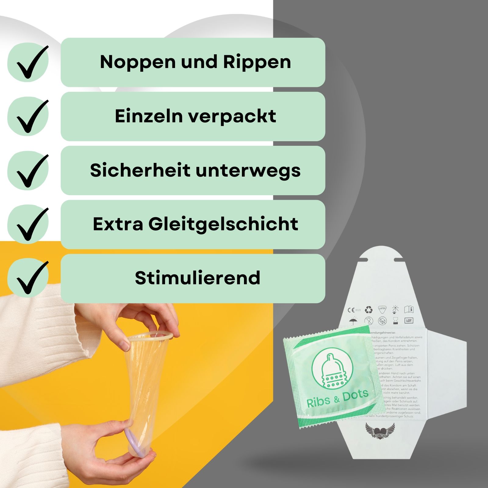 Kondomverpackung mit Aufdruck « Ribs & Dots ». Einzeln verpackt. Mit Noppen und Rippen.