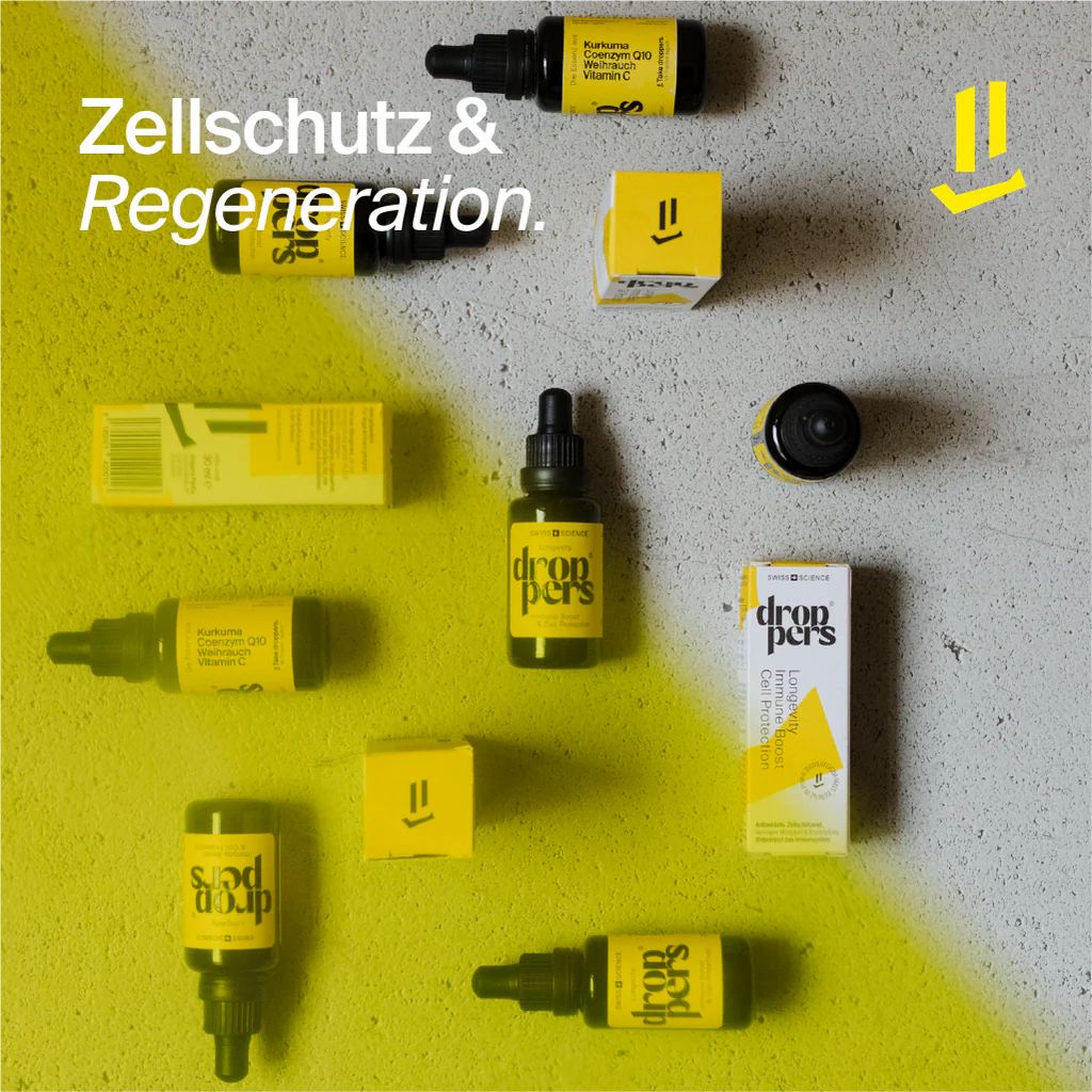 Verschiedene Packungen und Flaschen. Gelbe und weiße Verpackungen mit Text: "dropers".