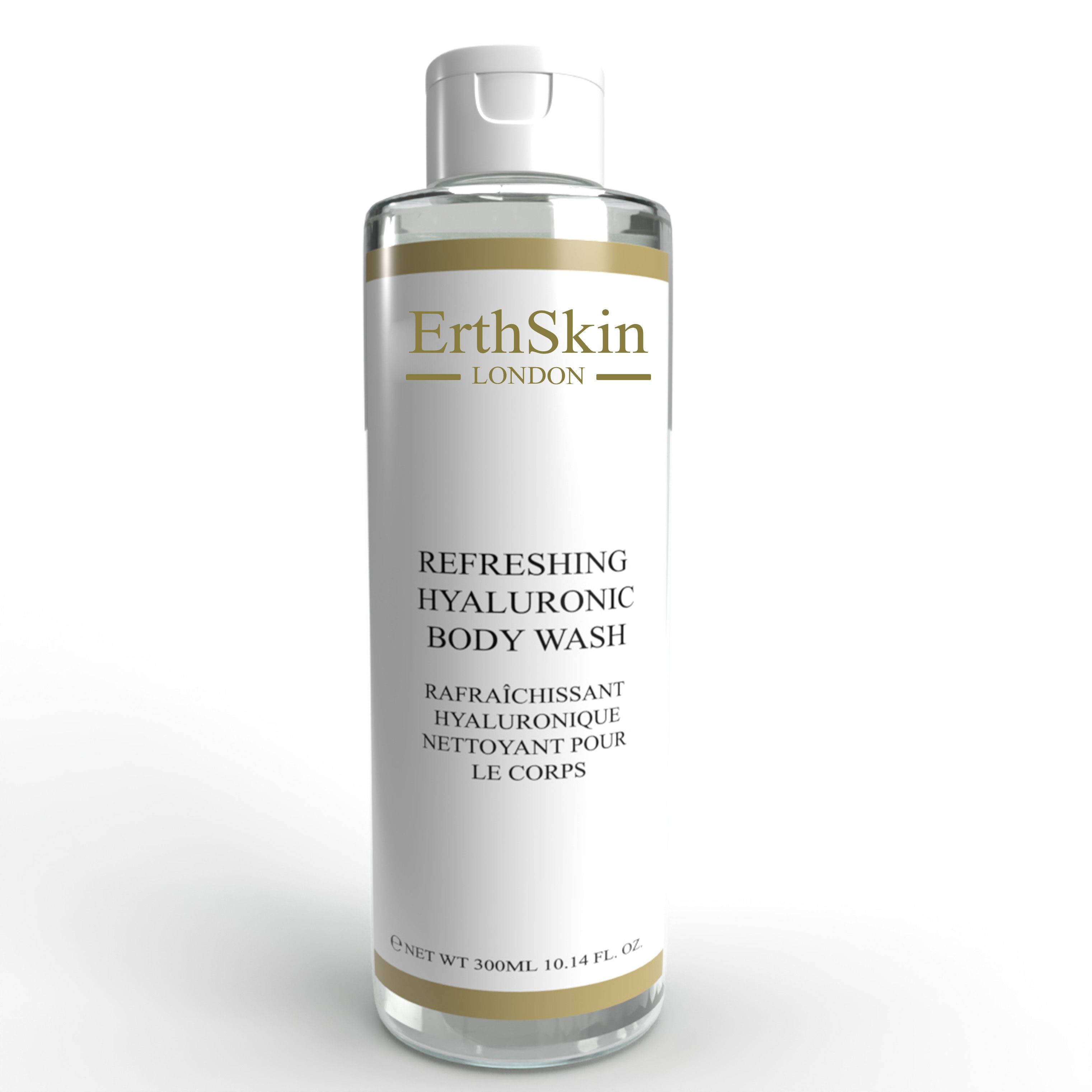 Körperwaschmittel-Flasche mit weißem Etikett. Text: ErthSkin London, Refreshing Hyaluronic Body Wash, Nettoyant pour le corps.