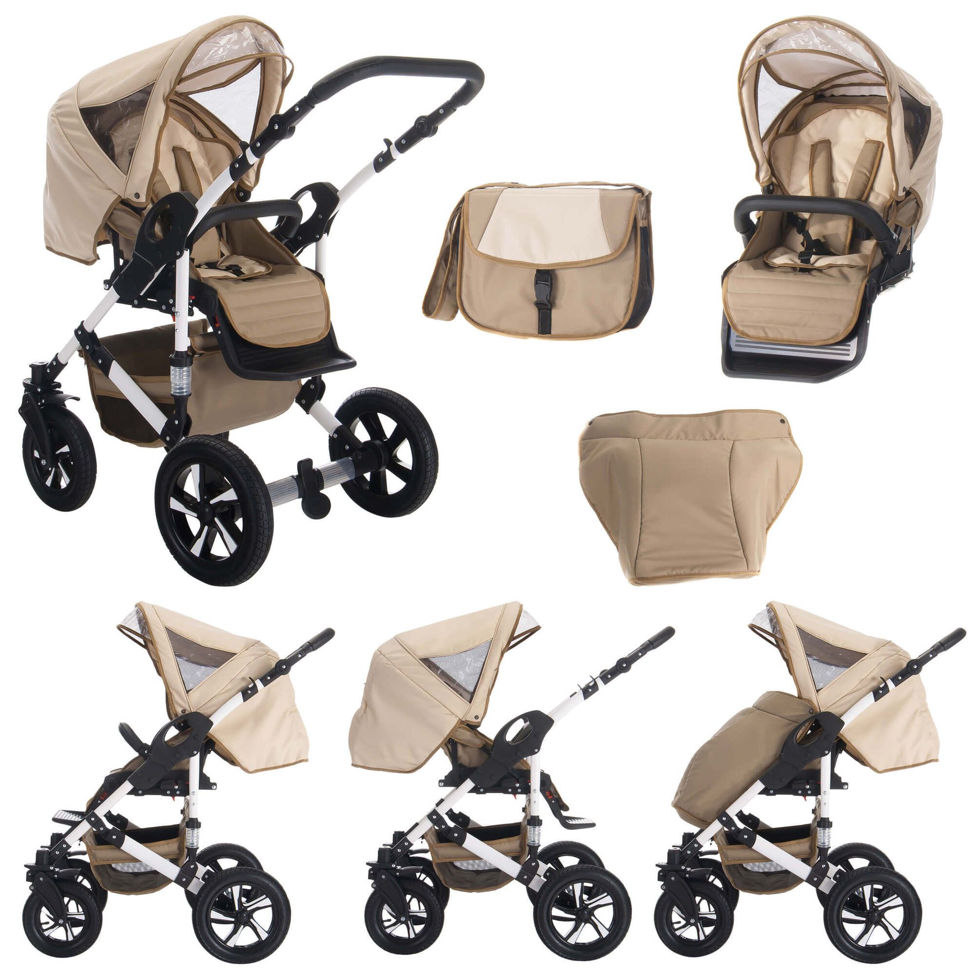 Kinderwagen in verschiedenen Konfigurationen. Beige und weiß. Mit Tasche und Sitzeinheit.