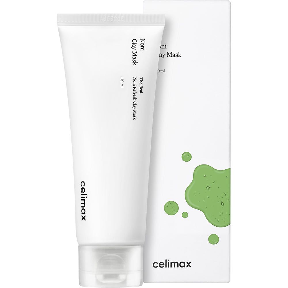 CELIMAX "The Real Noni Refresh Clay Mask" Tube neben der Produktverpackung.