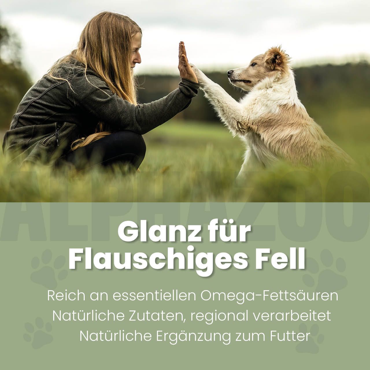 Frau und Hund geben sich High Five. Text: Glanz für flauschiges Fell. Text: Reich an essentiellen Omega-Fettsäuren.