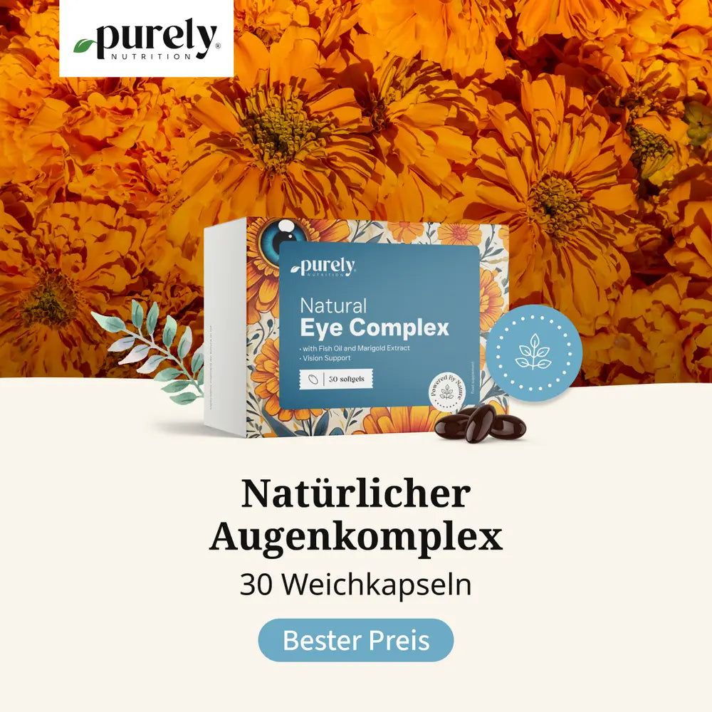 Packung 'Purely Natural Eye Complex' mit 30 Weichkapseln, daneben liegen einige Kapseln.