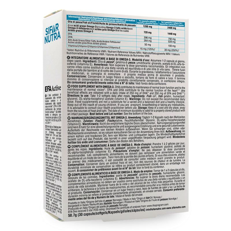 Rückseite der SIFAR NUTRA EFA Active Verpackung. Enthält Informationen zu Inhaltsstoffen und Dosierung.