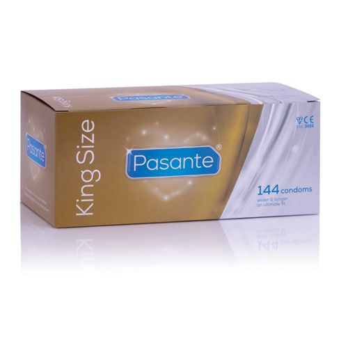 Verpackung von Pasante King Size Kondomen. Enthält 144 Kondome. Aufschrift: "King Size".