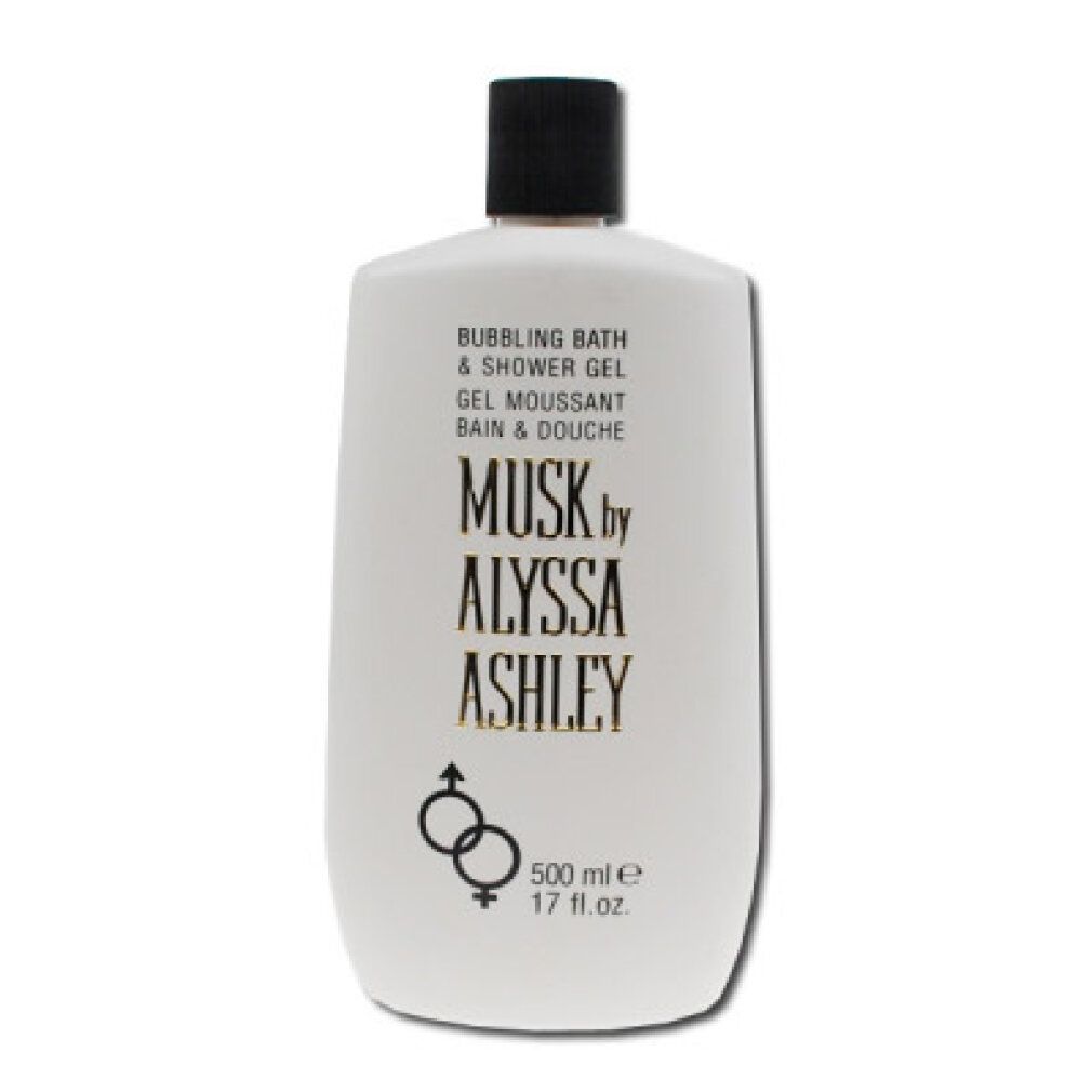 Weiße Flasche mit schwarzem Deckel, enthaltend Alyssa Ashley Musk Bubbling Bath & Shower Gel.