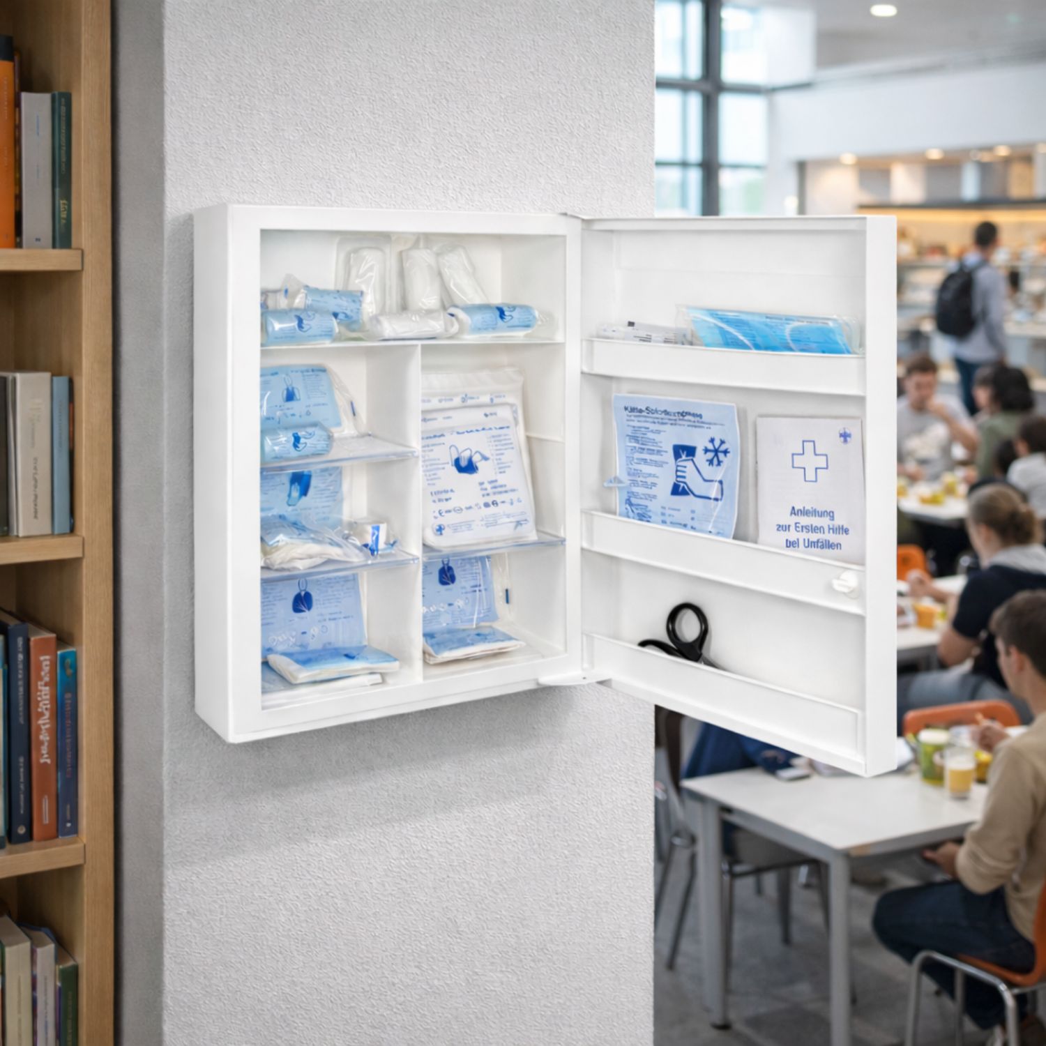 Weißer Verbandschrank, geöffnet, an Wand montiert. Enthält Verbandsmaterial. Hintergrund: Bibliothek mit Personen.