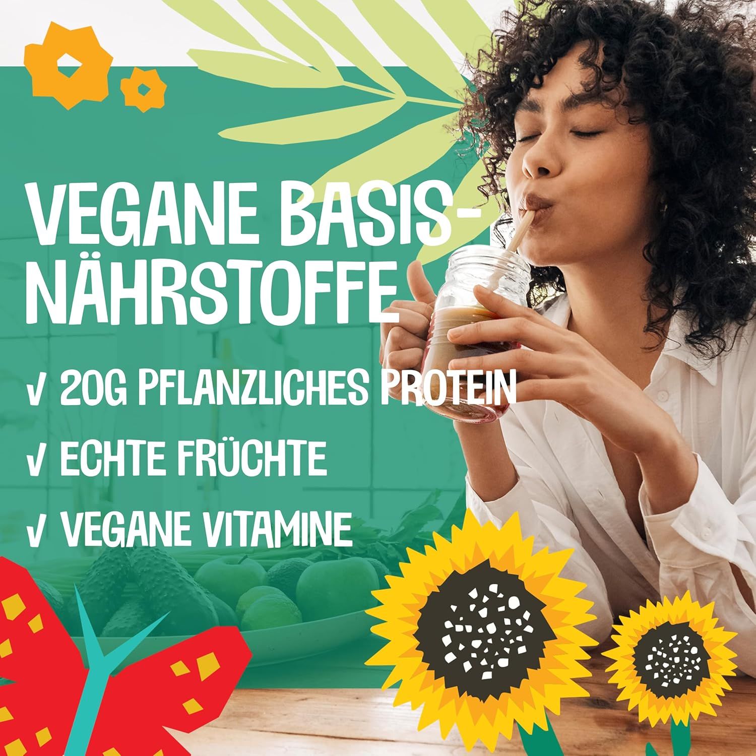 Frau trinkt Getränk mit Strohhalm. Text: Vegane Basis-Nährstoffe, 20g pflanzliches Protein, echte Früchte, vegane Vitamine.