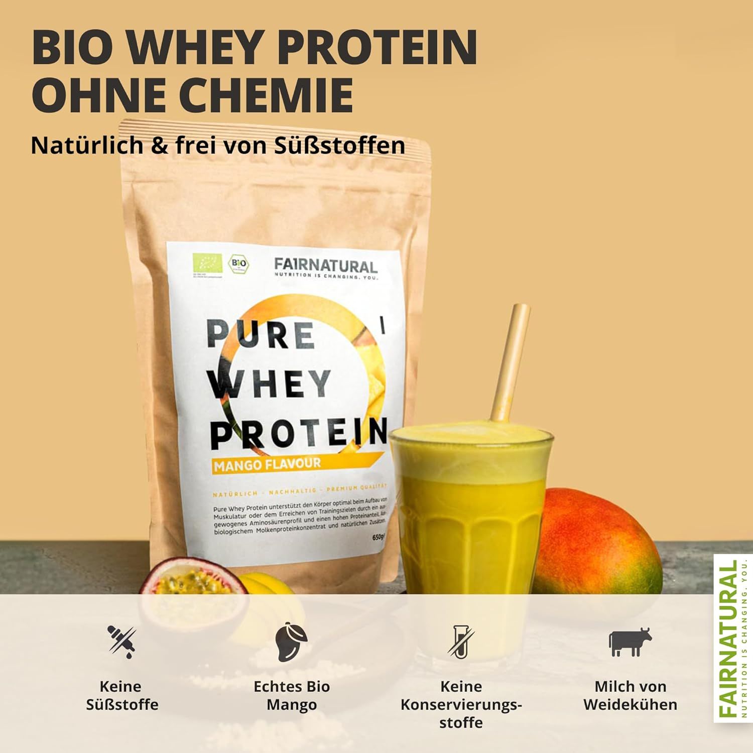 Beutel Pure Whey Protein, Glas mit Shake, Mango und Passionsfrucht. Text: Bio Whey Protein ohne Chemie, natürlich & frei von Süßstoffen.