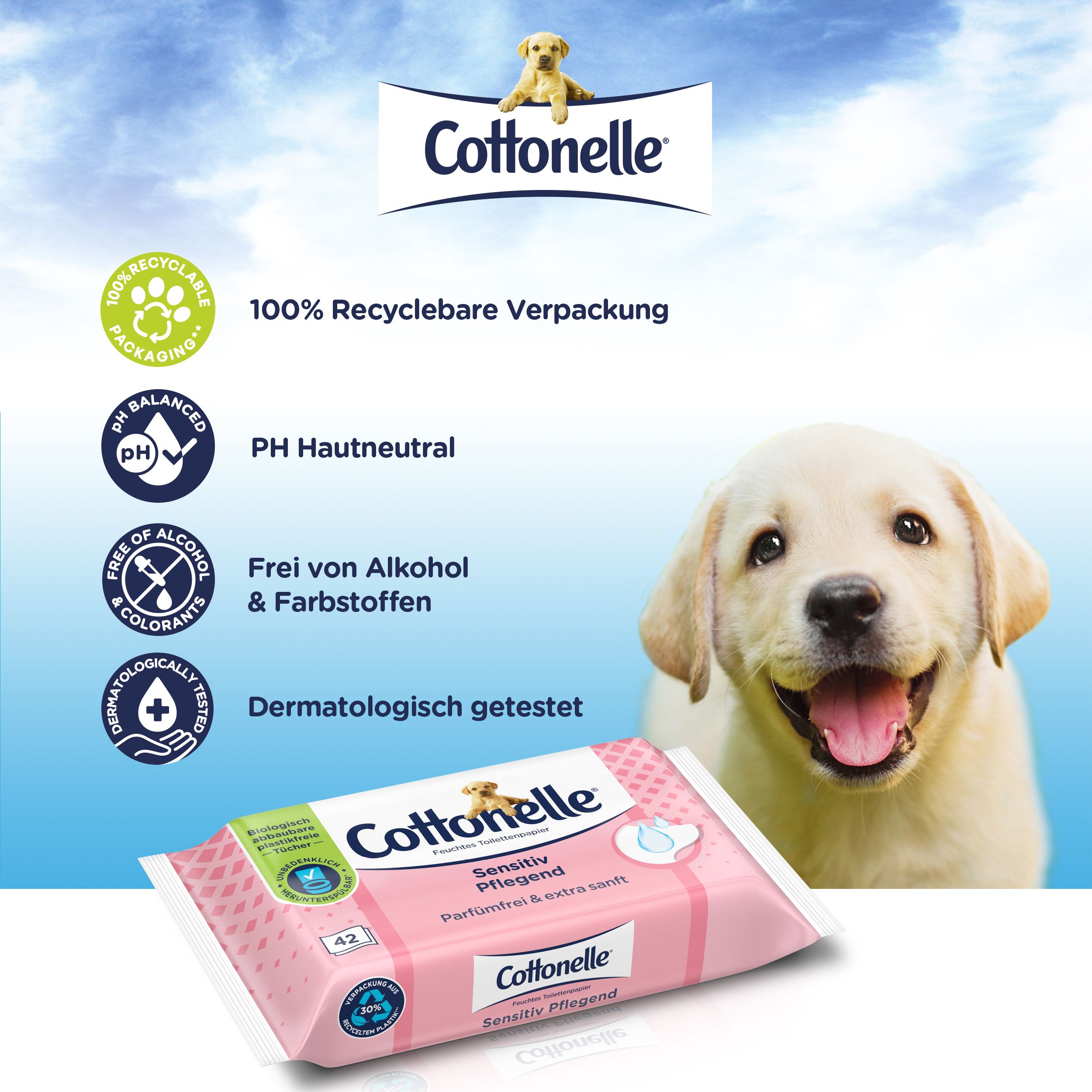 Rosa Cottonelle-Packung mit 42 Tüchern. Text: "Sensitiv Pflegend", "Parfümfrei & extra sanft". Logo: Cottonelle und ein Hundewelpen. Text: "100% Recycelbare Verpackung".