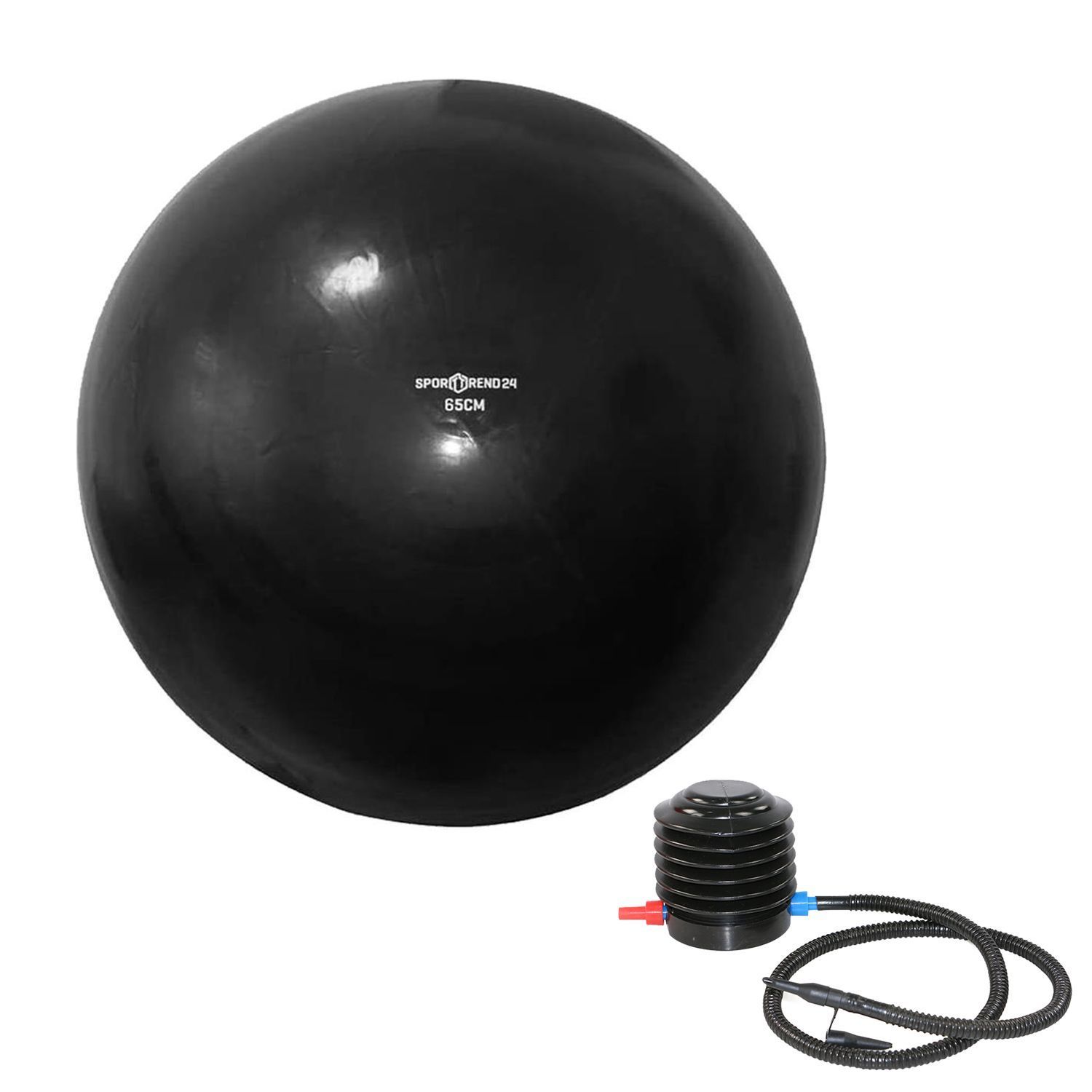 Schwarzer Gymnastikball mit Blasebalg. Aufschrift: Sporttrend24, 65CM.