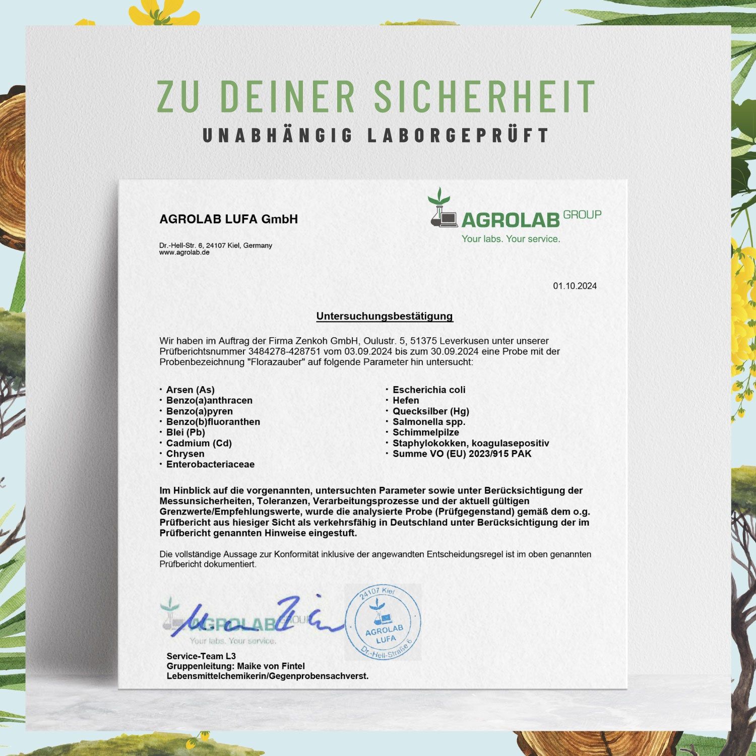Zertifizierungsdokument von Agrolab LUFA GmbH. Untersucht auf verschiedene Parameter, wie z.B. Arsen, Cadmium, etc.