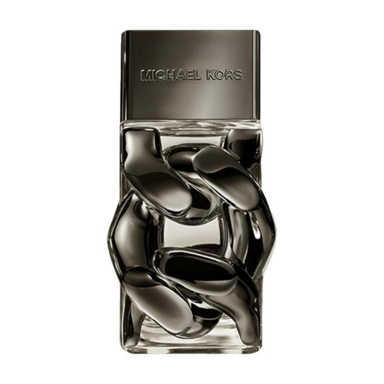 Michael Kors Pour Homme Absolu Flakon. Silberfarbener Verschluss und Kette. Klarer Flakon mit Produktbezeichnung.