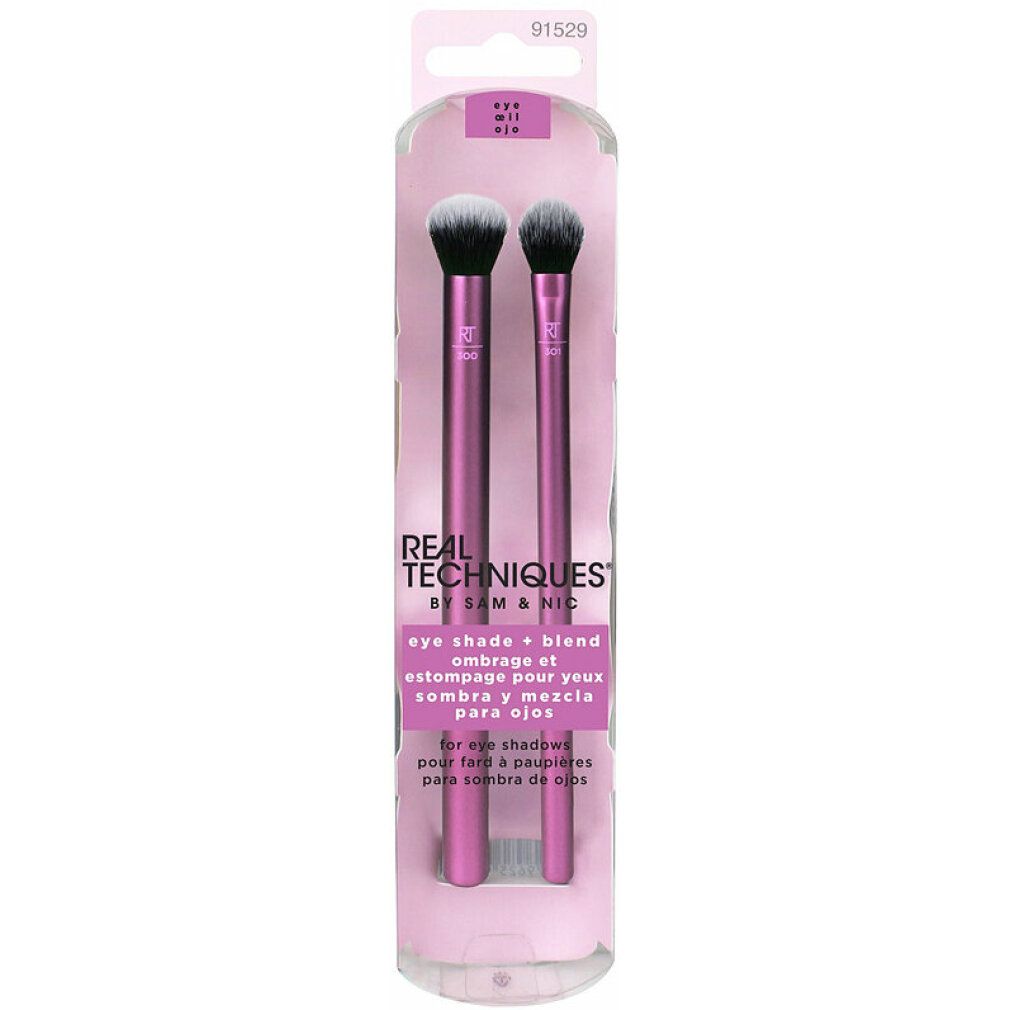 Set mit 2 Augen-Make-up-Pinseln in Verpackung. Marke: Real Techniques. Pinsel mit rosa Griffen und schwarzen Borsten.
