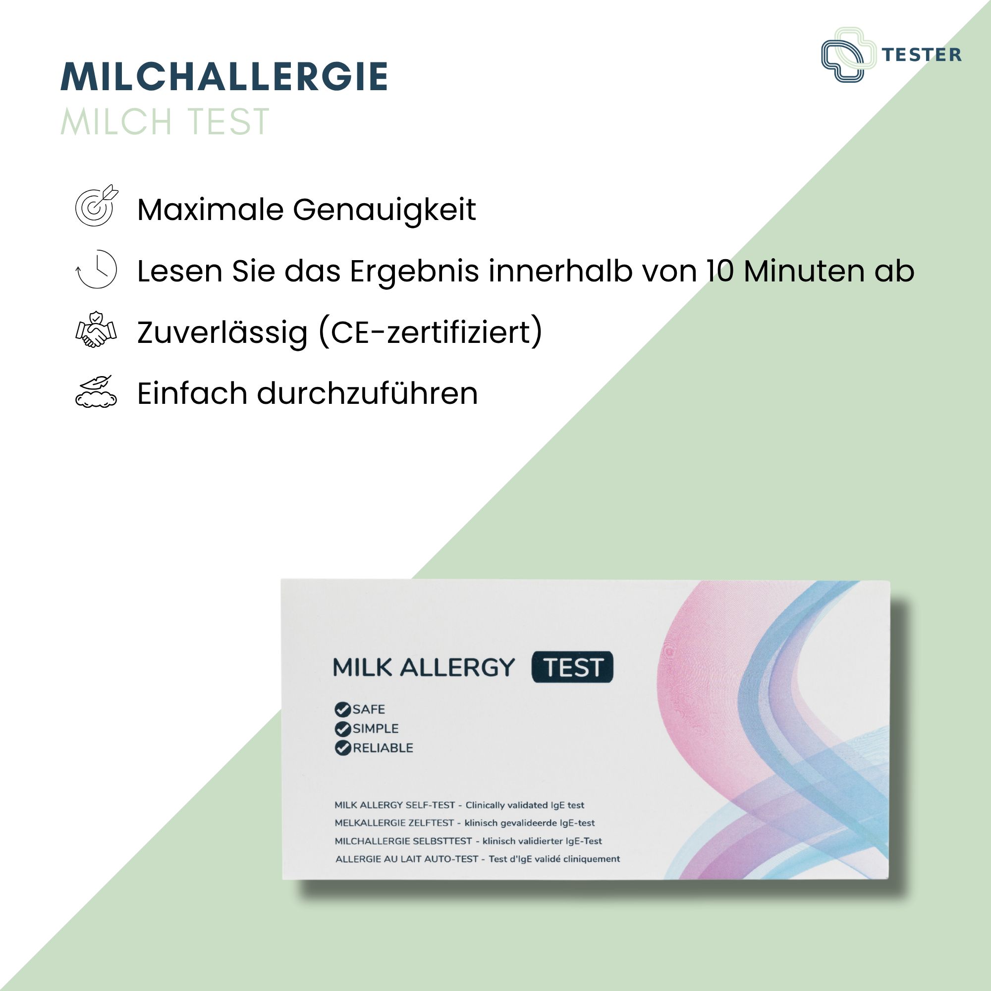 Infografik mit Text: Milchallergie, maximale Genauigkeit, Ergebnis in 10 Minuten, zuverlässig (CE-zertifiziert), einfach durchzuführen. Produktverpackung.