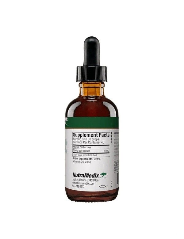 Braune Glasflasche mit schwarzem Tropfer. Etikett mit "Supplement Facts" und Inhaltsstoffen. "NutraMedix" und Kontaktinformationen sind ebenfalls sichtbar.
