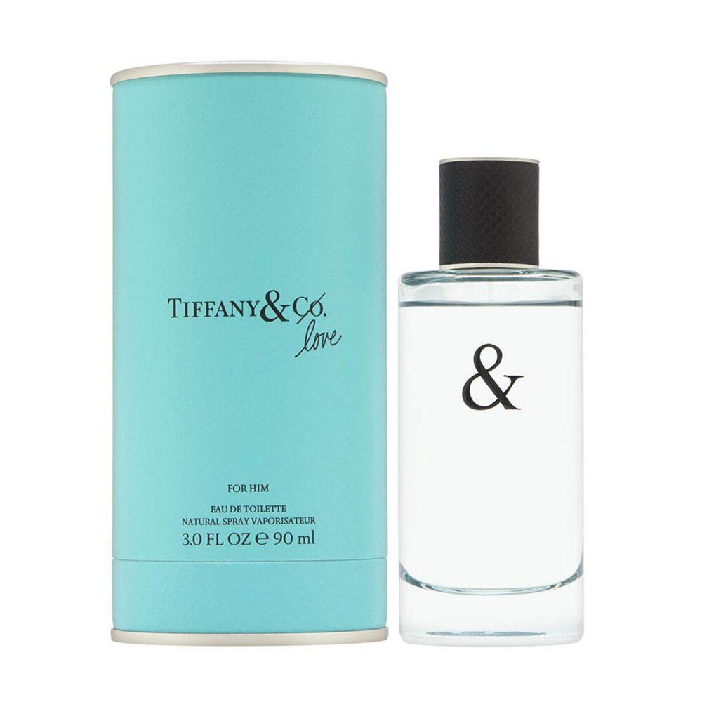 Türkisfarbene zylindrische Verpackung und rechteckige Flasche. Aufschrift: Tiffany & Co. Love, For Him, 3.0 FL OZ e 90 ml, &.