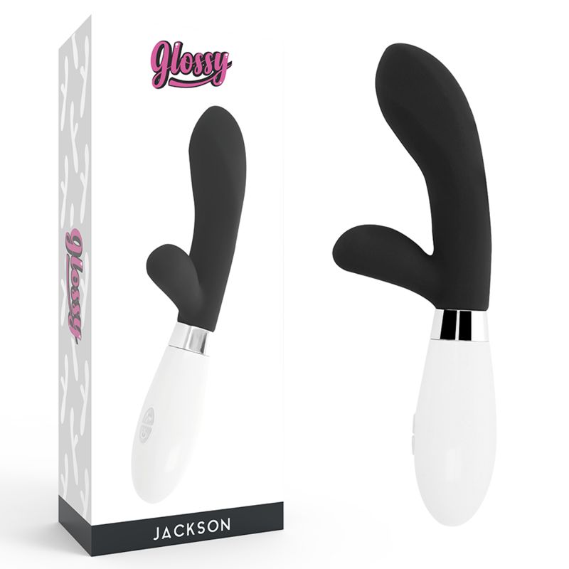 Produktverpackung mit Vibrator. Auf der Verpackung steht "Glossy" und "Jackson". Der Vibrator ist schwarz-weiß.
