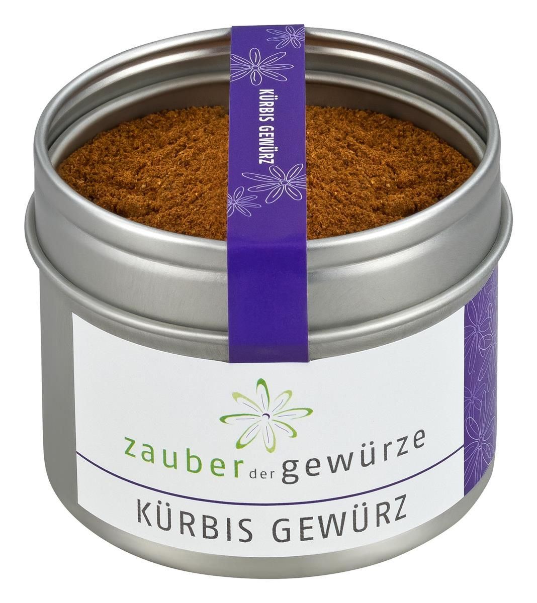 Metallbehälter mit Kürbisgewürz. Lila Band mit Aufschrift. Produktname: Zauber der Gewürze Kürbis Gewürz.