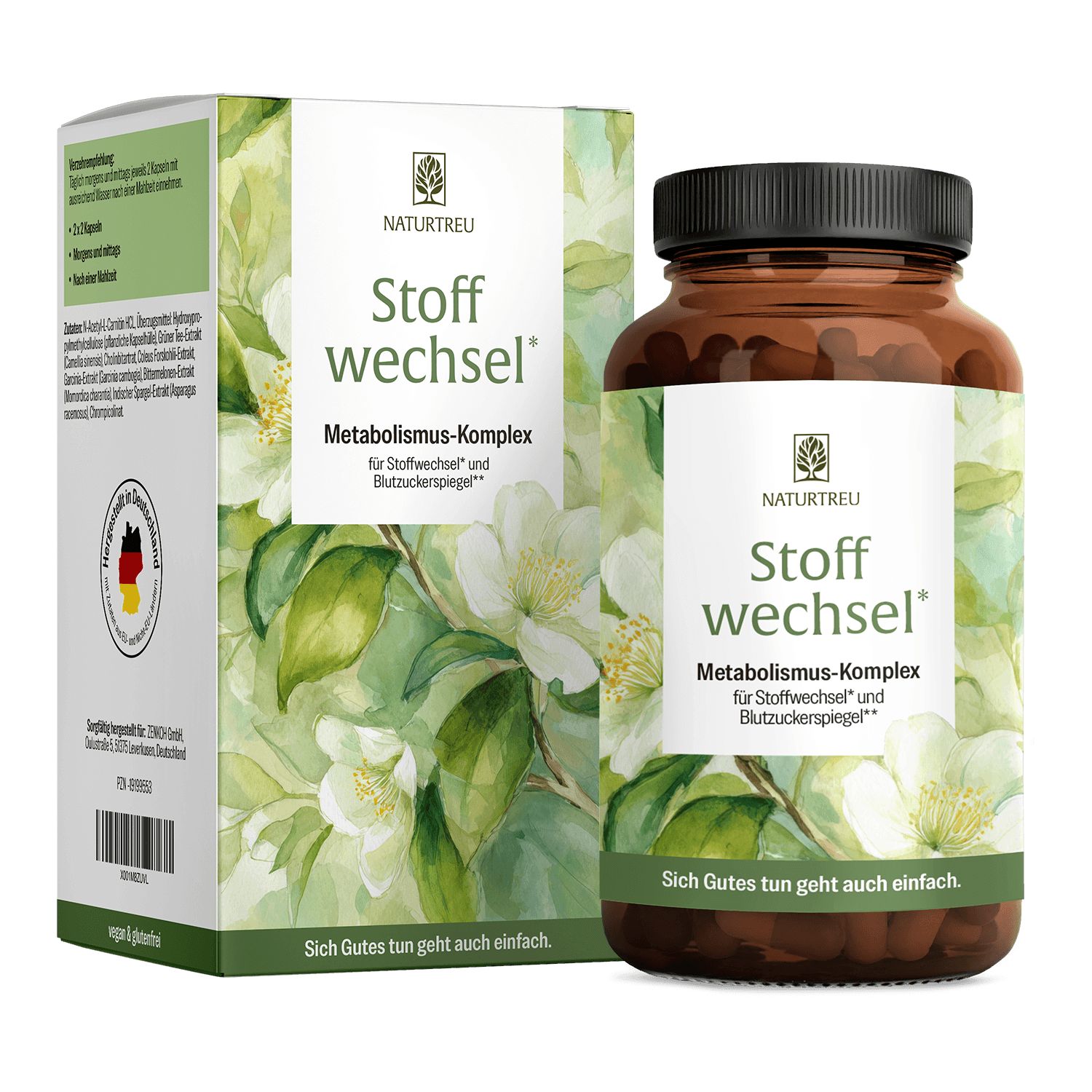 NATURTREU Stoffwechsel Kapseln in Braunglasflasche und Faltschachtel mit Blütenmotiv.