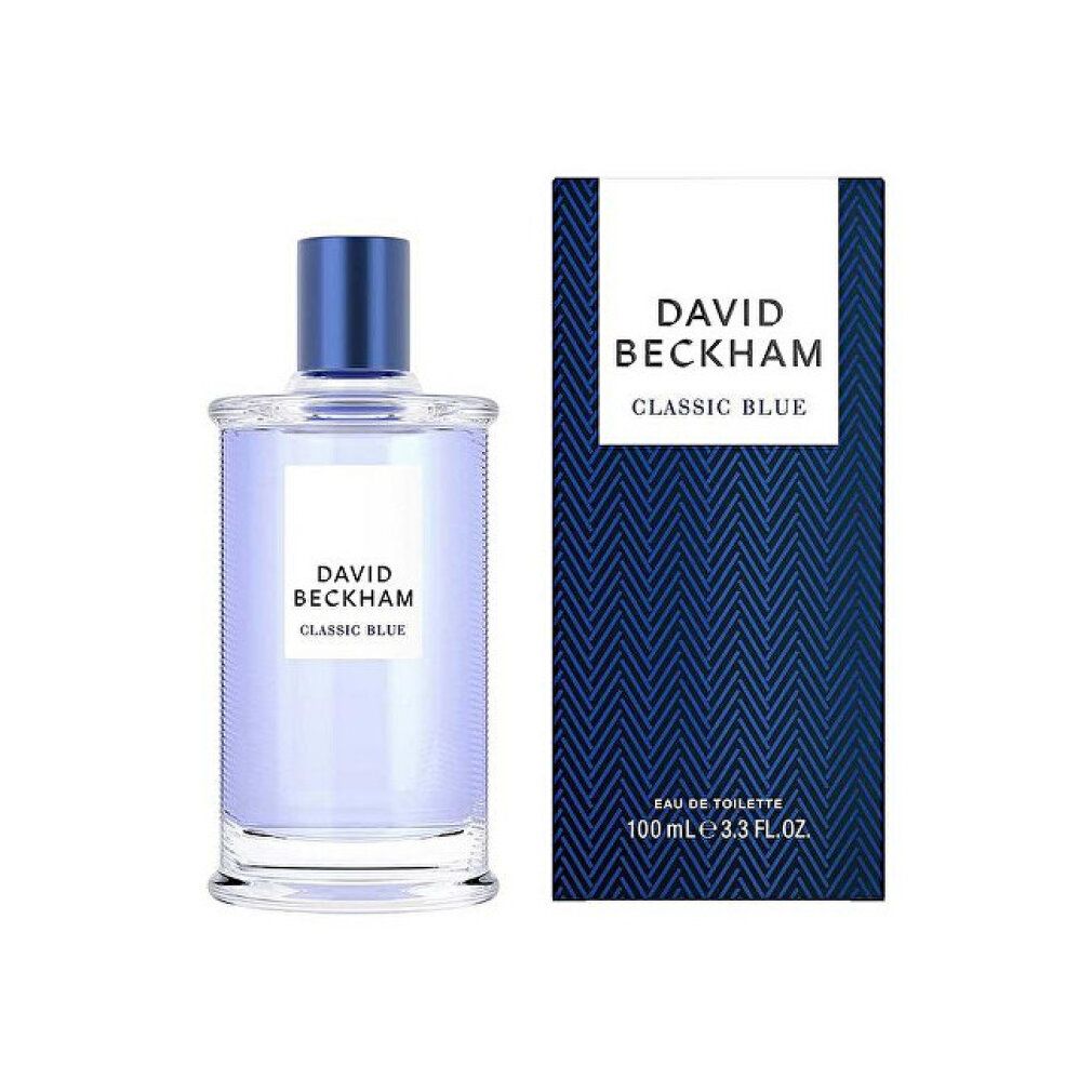 Glasflakon und Schachtel. Flakon mit blauem Verschluss, Text: DAVID BECKHAM CLASSIC BLUE. Schachtel: DAVID BECKHAM CLASSIC BLUE.