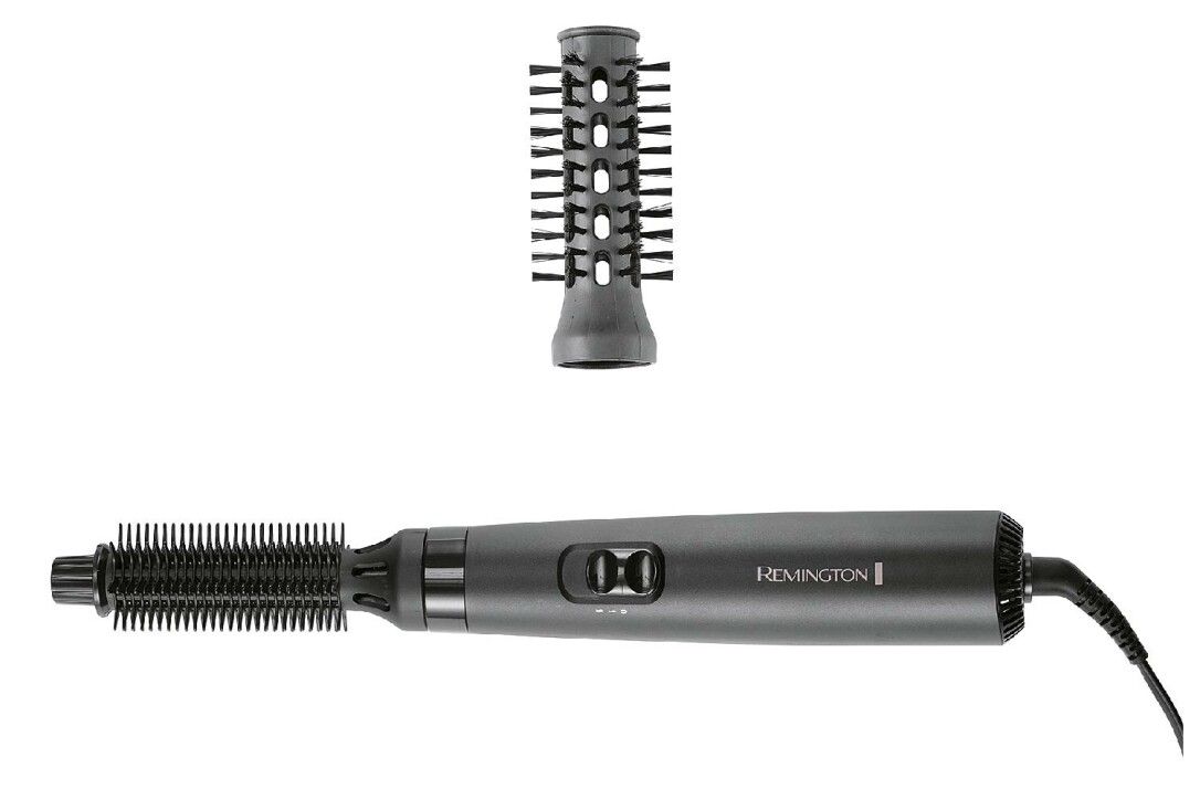 Haartrockner mit zwei Aufsätzen. Graues Gehäuse mit Remington-Logo und Schalter. Schwarze Bürstenaufsätze.