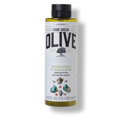 KORRES Duschgel. Zylindrische Flasche mit schwarzem Deckel. Aufschrift: Pure Greek Olive, Showergel Sea Salt. 250 ml.