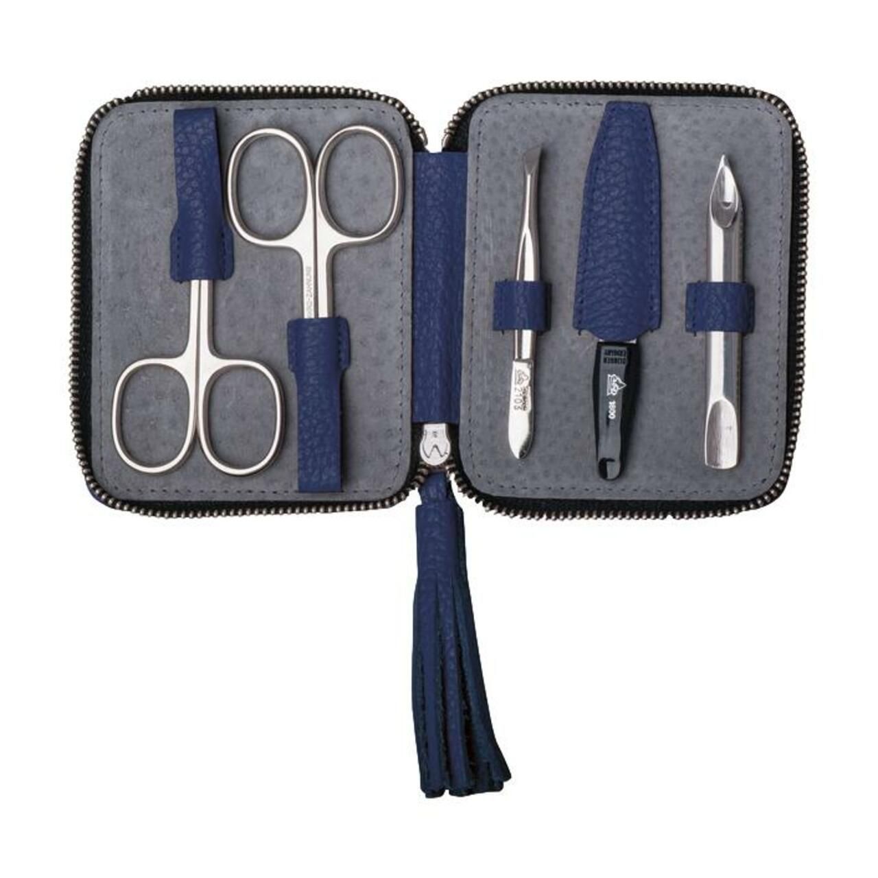 Blaues Maniküre-Etui mit 5 Teilen: Schere, Nagelhautschieber, Nagelfeile, Nagelknipser und Pinzette.